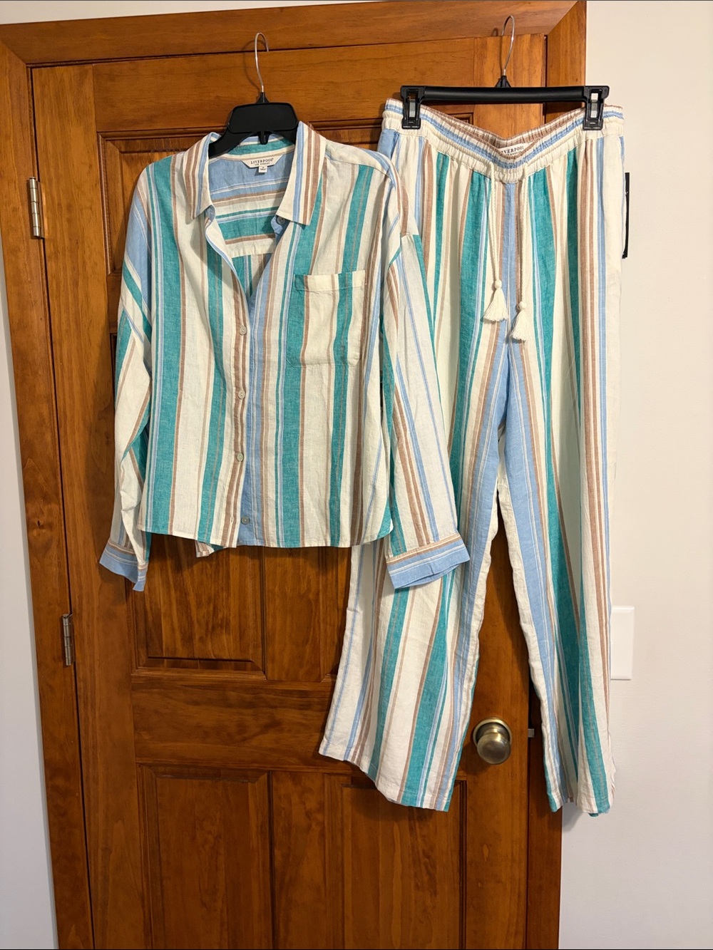 Liverpool Linen Blend Striped Button-Down Shirt and Pants Set in Teal & Cream